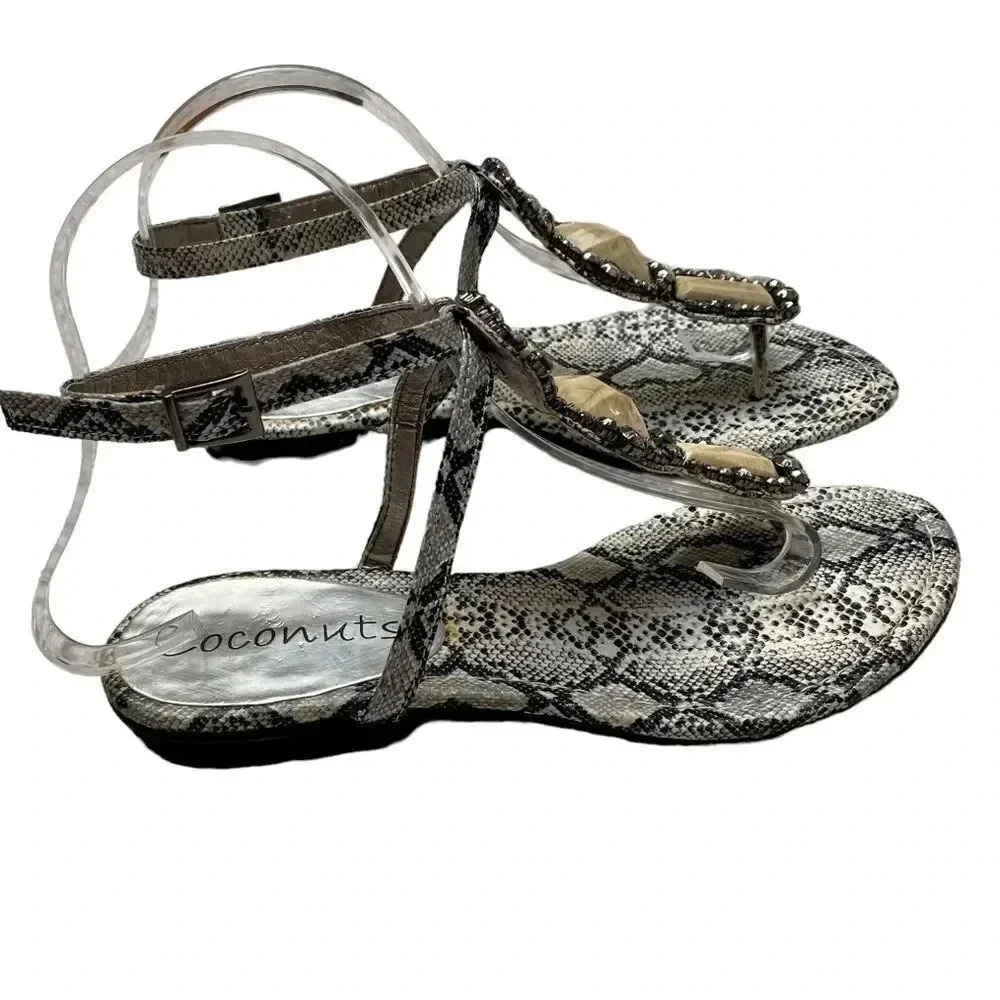 Coconuts Beverly Black & White Snakeskin Stone Embellished T Strap Thong Sandals - Picture 5 of 11